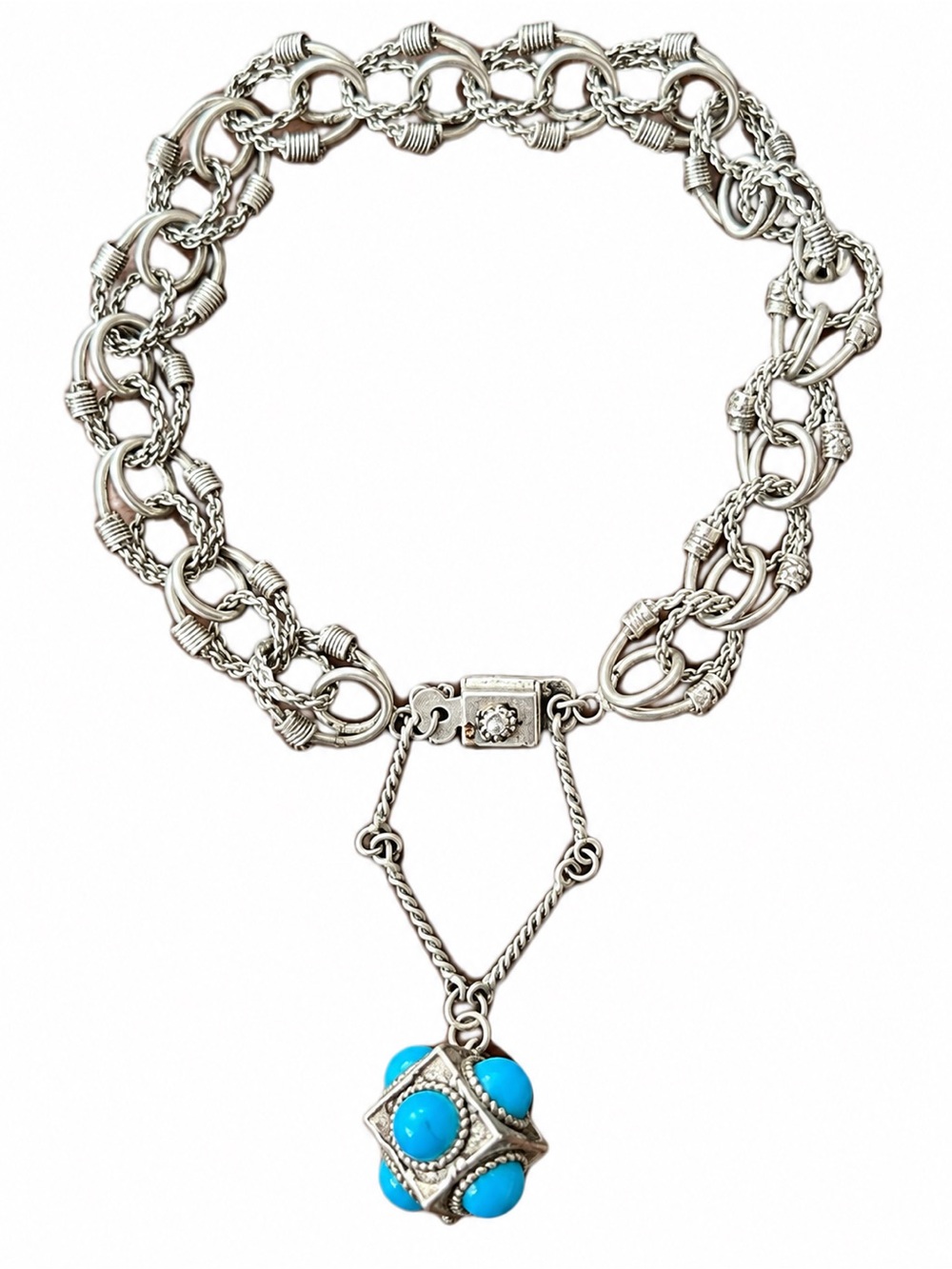 Vintage Silver Tone Turquoise Bead Statement Bracelet Woven Chain Artisan Boho